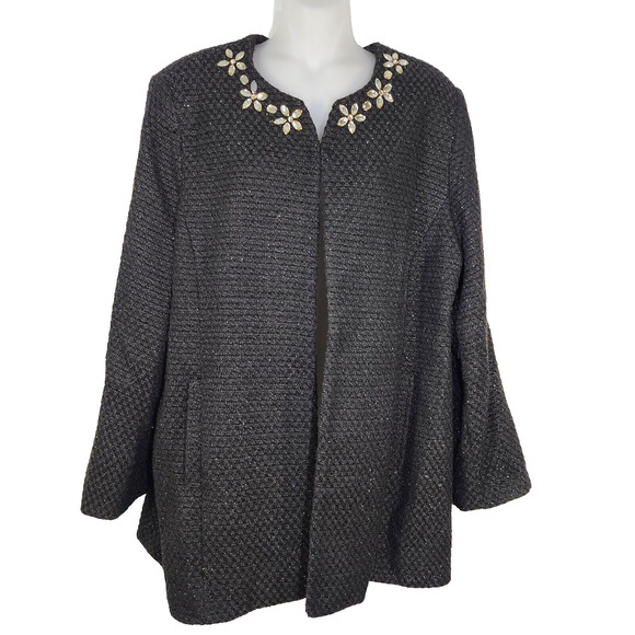 Alfred Dunner Jacket Blazer 16 Black Silver Twill Lined Open Embellished Sparkle - Picture 1 of 11